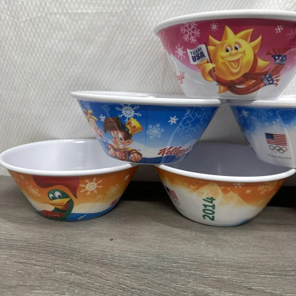 2014 Olympic Collector Cereal Kellogg Bowls 6 Rice Krispies Raisin Bran Corn Fla